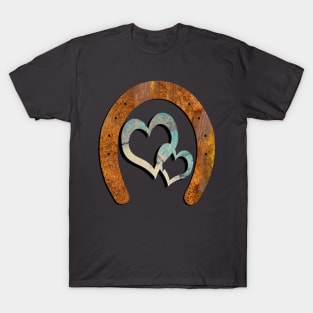 Horse Lover Gifts Shoe & Two Hearts Linked Rustic Distressed Horseshoe Design T-Shirt